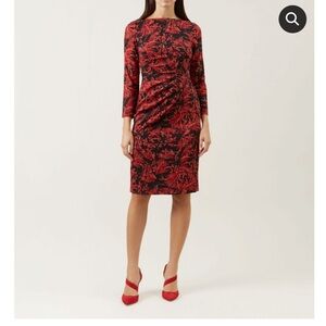 Hobbs London Sacha Sleeve Print Silk Dress Black Red Size US 8